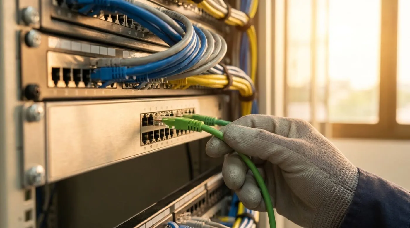 Panel de conexiones de red con cables numerados