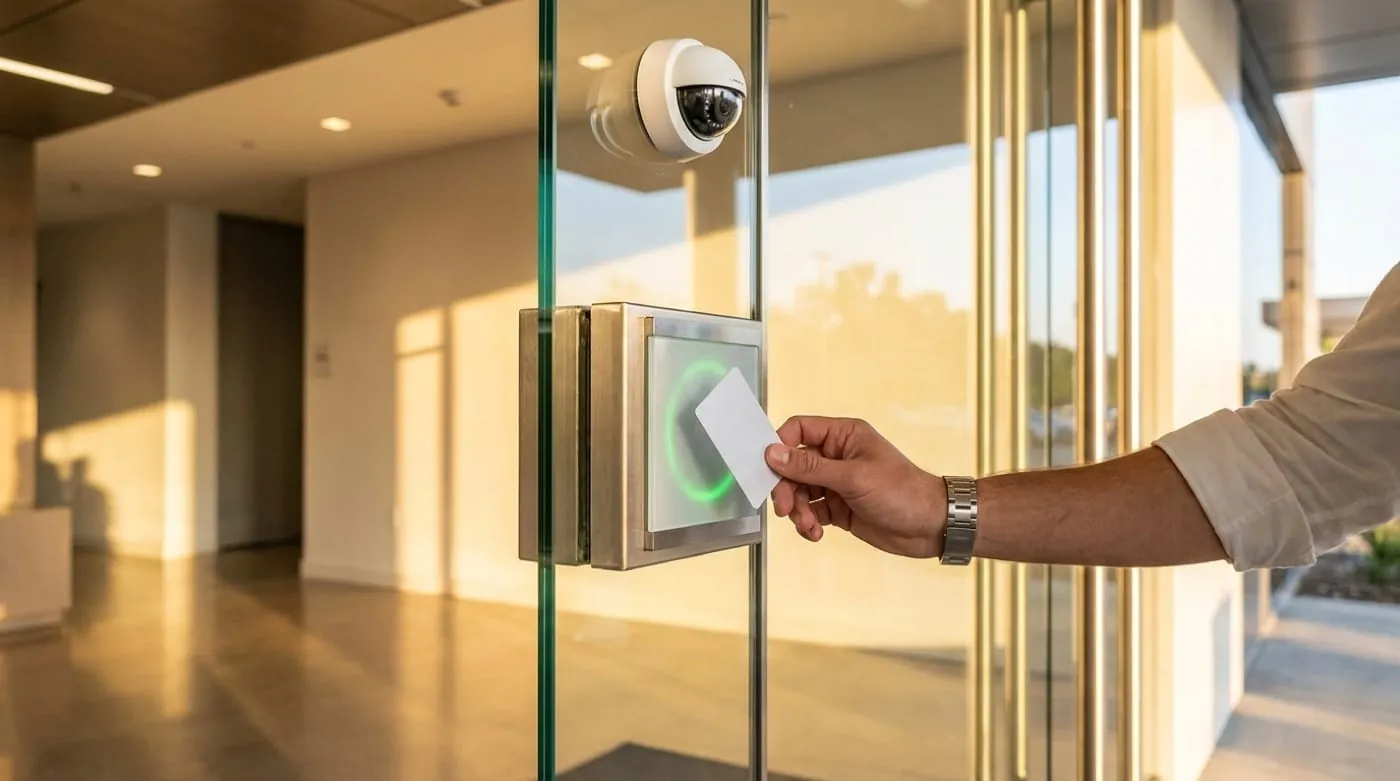 Lector de control de acceso y cámara en entrada corporativa