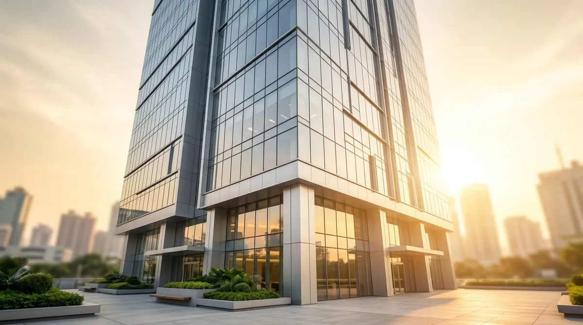 Edificio corporativo moderno de cristal contra el horizonte urbano