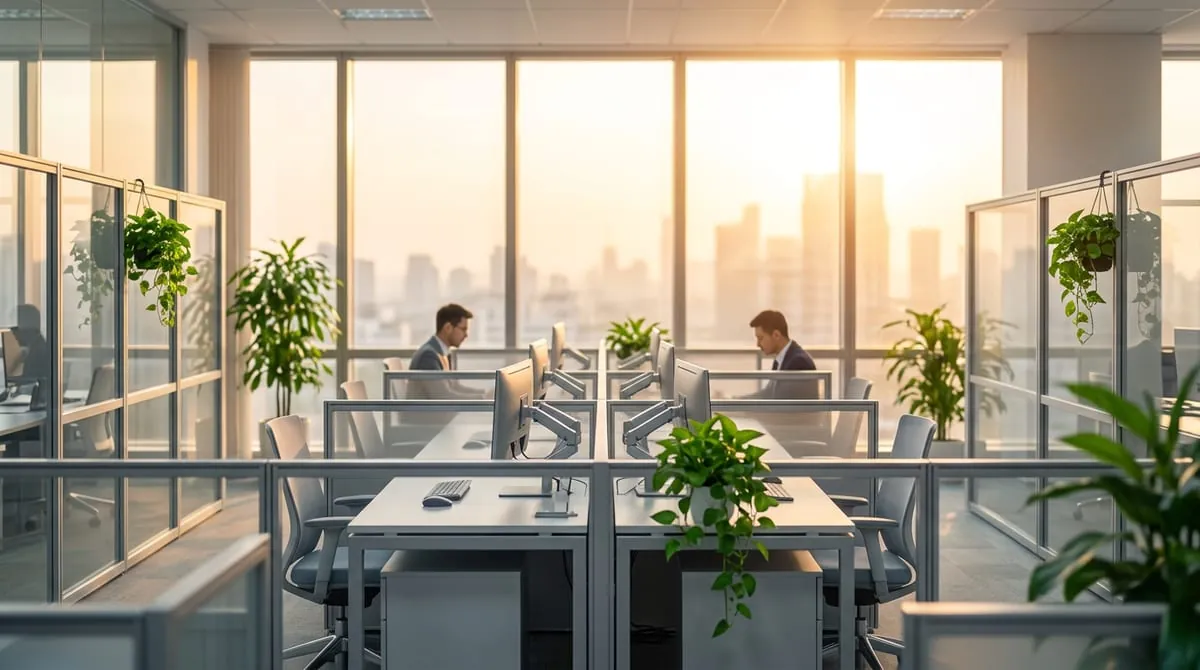 Oficina corporativa moderna de planta abierta con estaciones de trabajo conectadas