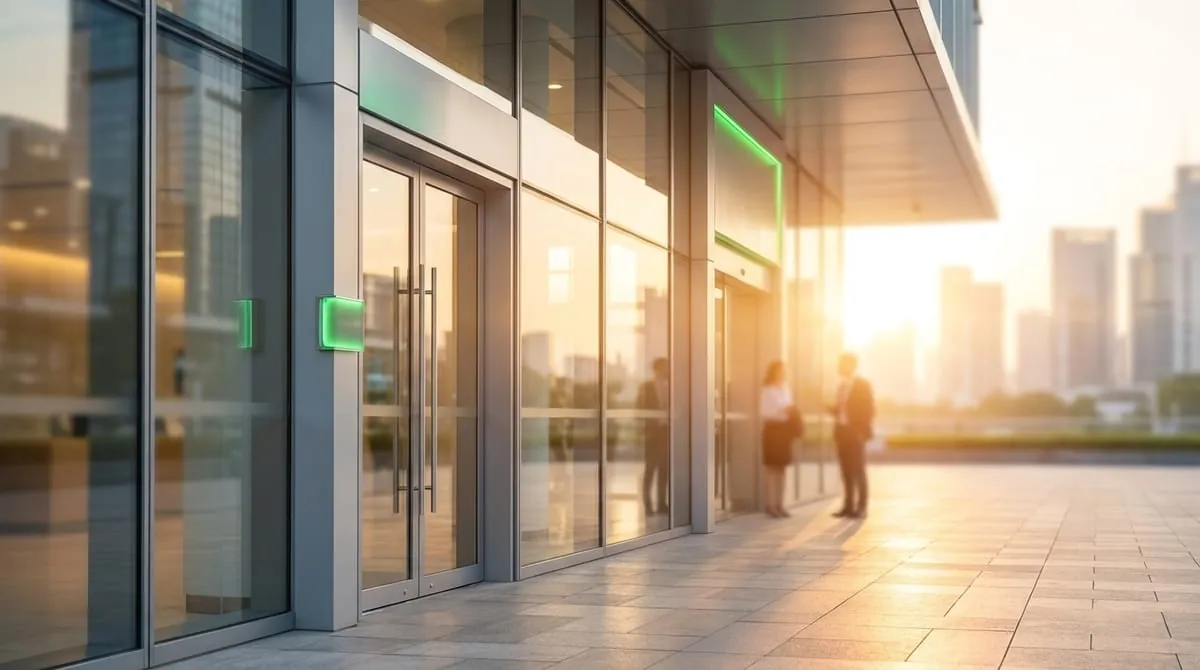 Fachada de vidrio de una sucursal corporativa moderna al atardecer