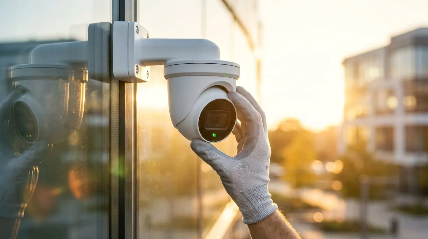 Cámara de videovigilancia tipo domo instalada en un edificio corporativo