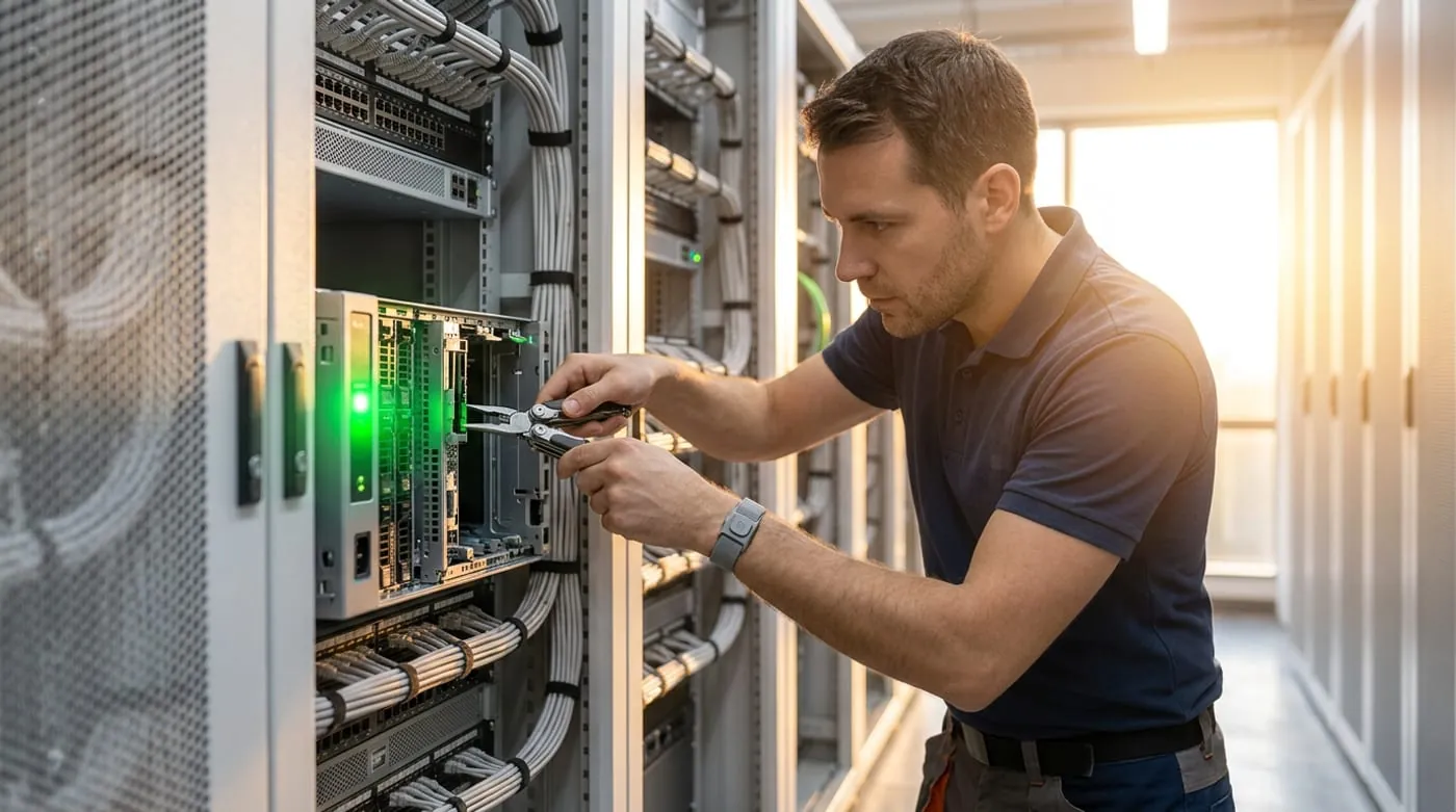 Técnico dando mantenimiento a un servidor crítico con un indicador verde de sistema en línea