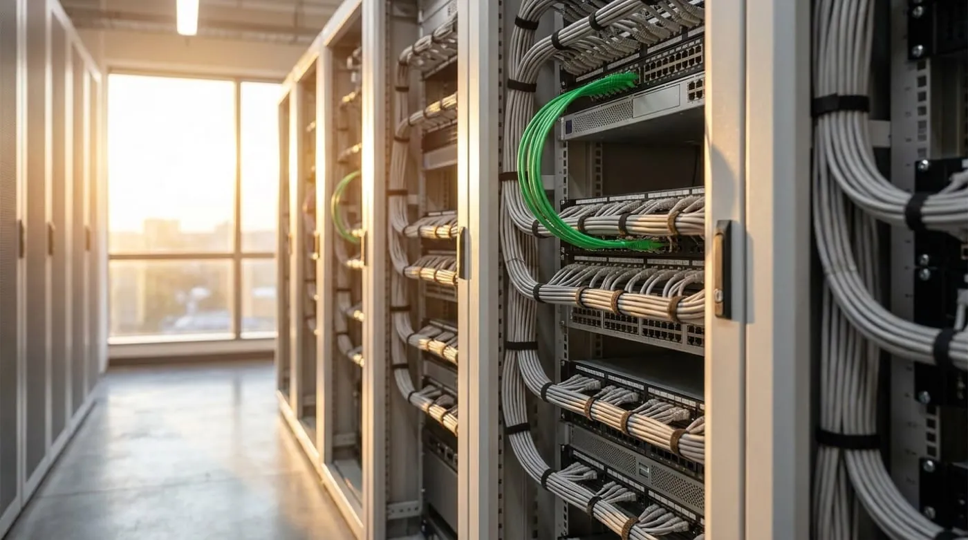 Racks de servidores con cableado de fibra en un centro de datos